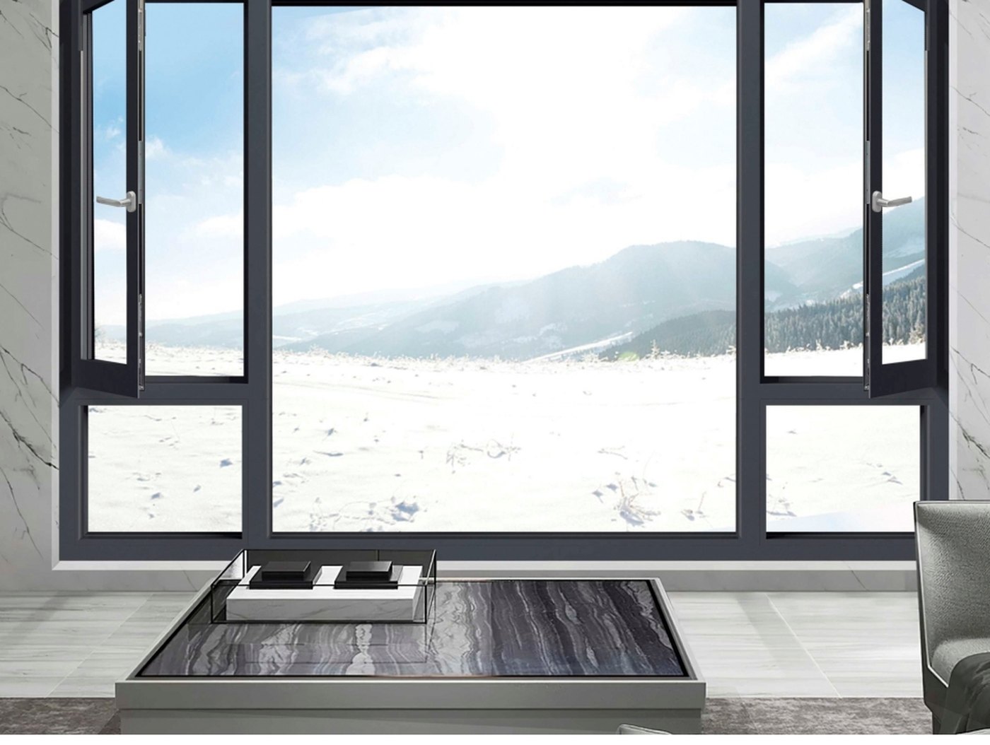 Ventana batiente de aluminio con rotura de puente térmico, color negro mate